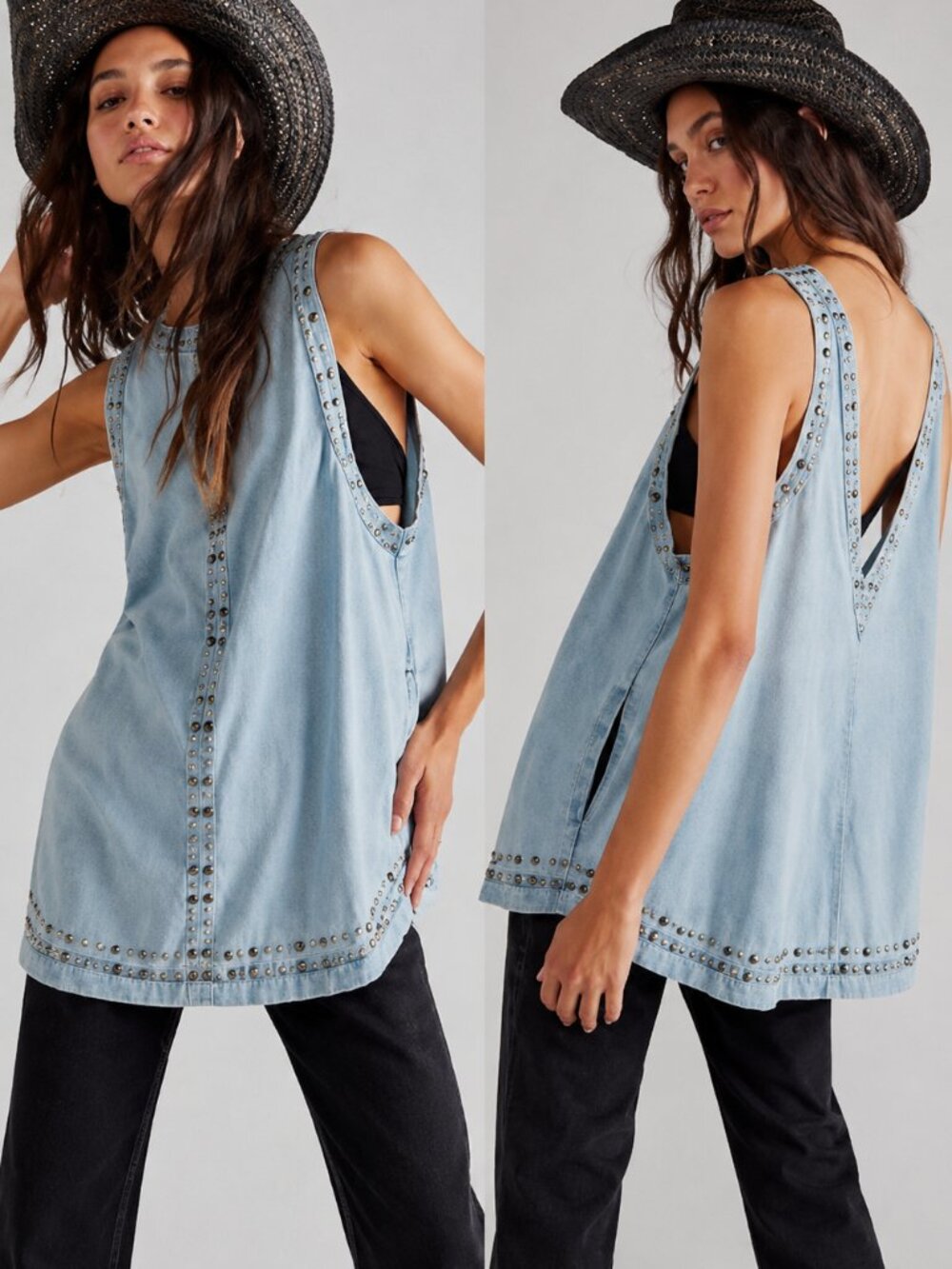NWT Free People Kendra Studded Denim Tunic Top Light Wash Sleeveless Tank M $168